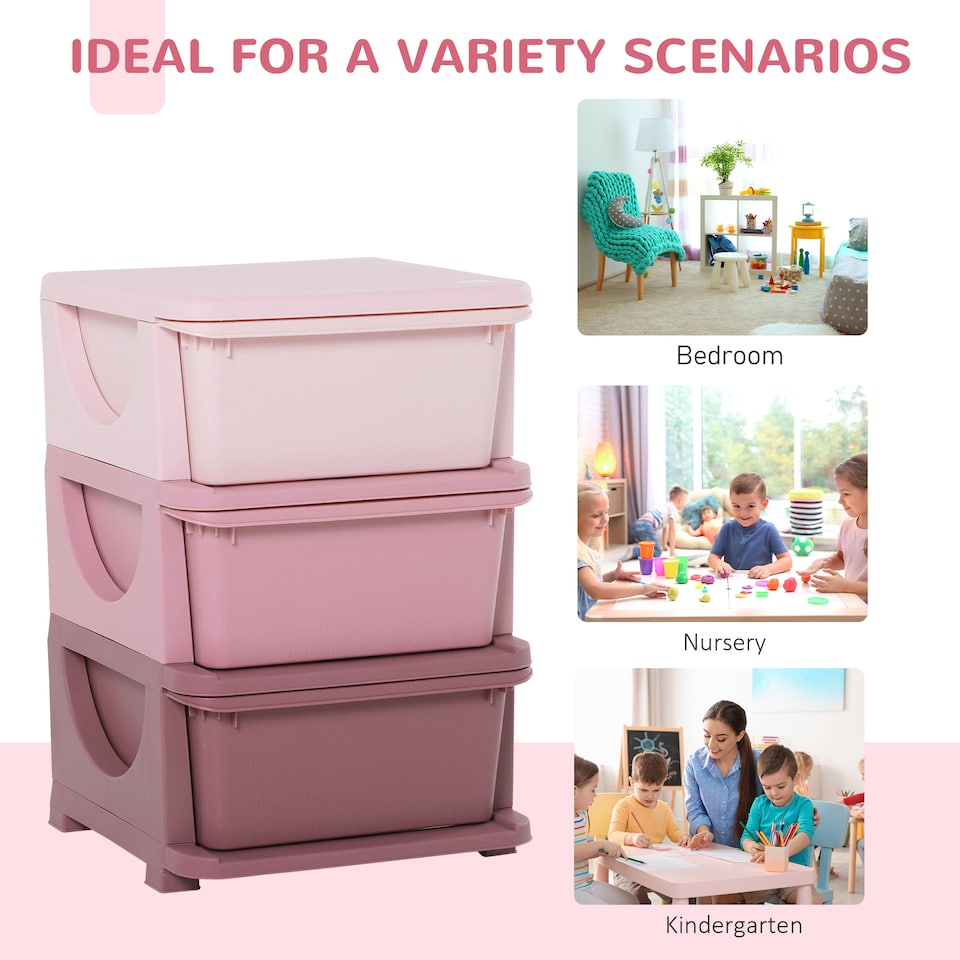 image 1 of HOMCOM Kids Storage Units with Drawers 3 Tier Chest Dresser Tower Pink
