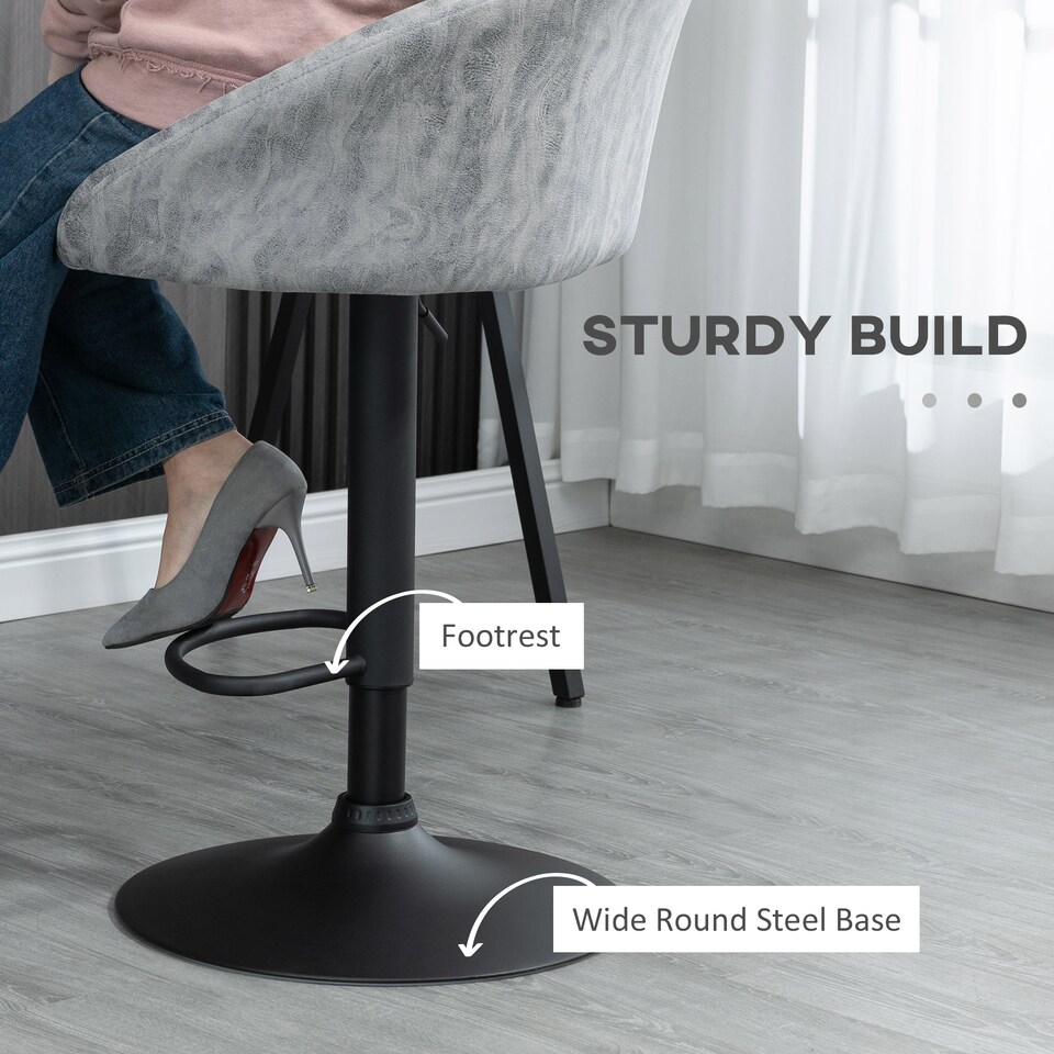 image 1 of HOMCOM Modern Bar Stools Set of 2, Height Adjustable Swivel Barstools, PU Leather Upholstered Bar Chair with Backrest, Armrests and Footrest for Breakfast Bar, Counter, Kitchen, Light Grey