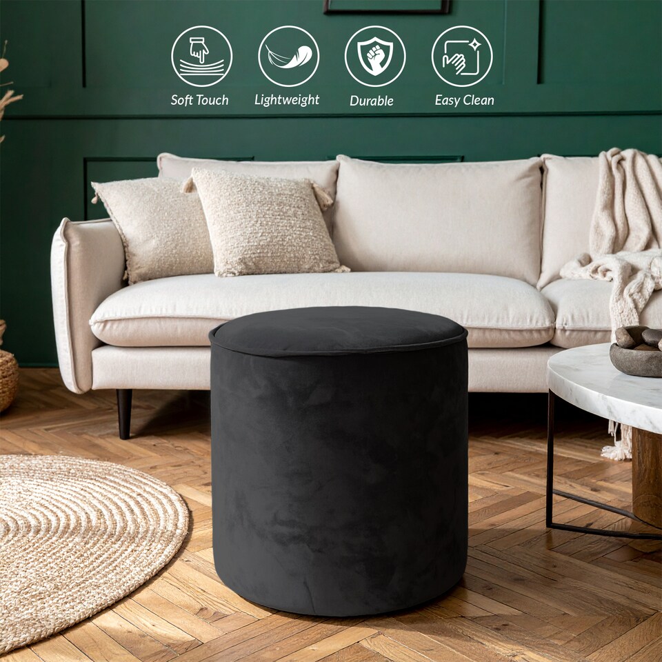 image 1 of Round Shape Velvet Bean Bag Pouffe Foot Rest - 40cm Black