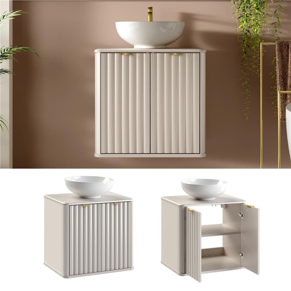 image 1 of Beige Bathroom Vanity Sink Unit Wall Hung Ribbed Cabinet 600mm Countertop with Basin Oren
