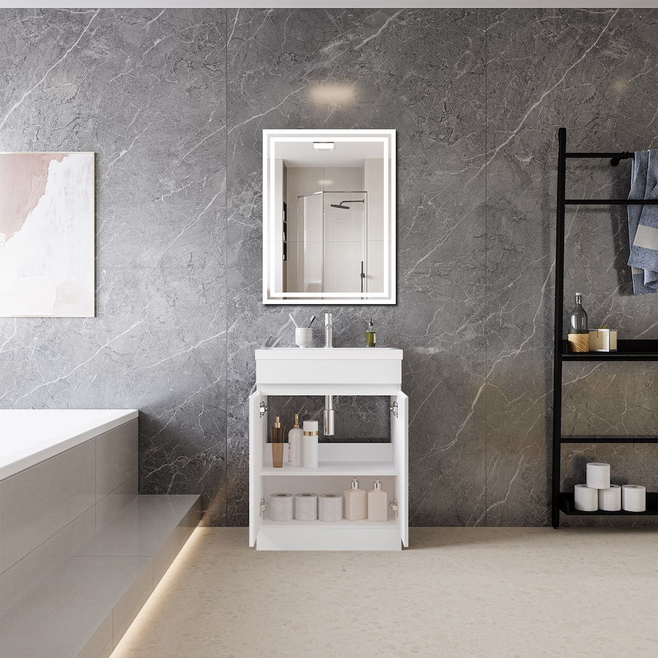 image 1 of AICA 600mm White Bathroom Vanity Unit With Basin Double Door Floor Standing Design Flat Packed