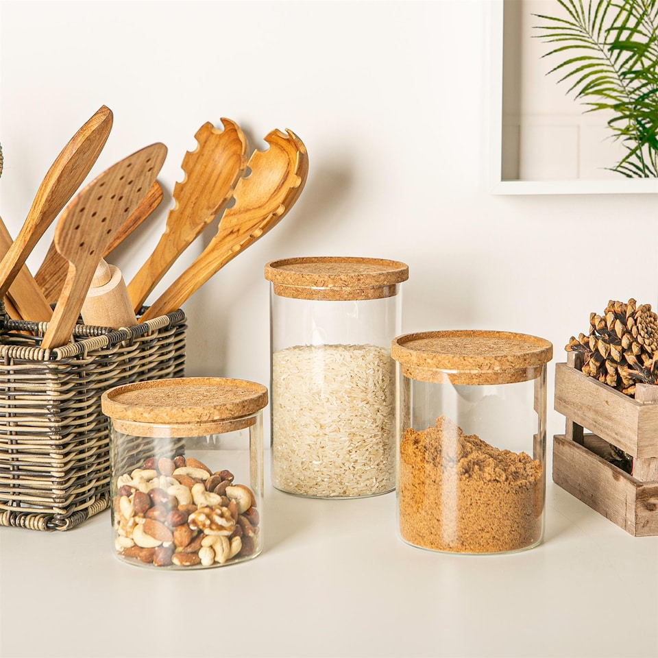 image 1 of Argon Tableware Glass Storage Jar Set - Cork Lids - Modern Round Scandi Organisation Container Glass Jar - 3 Sizes