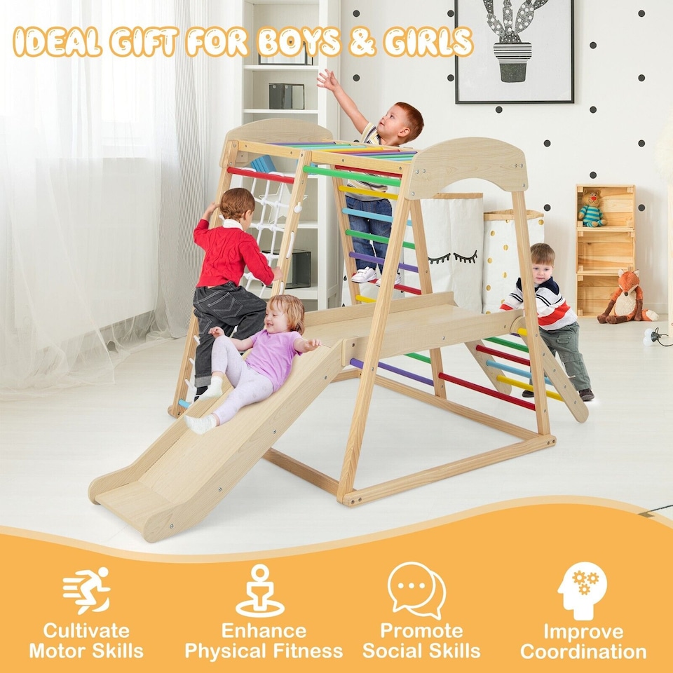image 1 of COSTWAY 6 in 1 Wooden Climber Playset Kids Slide Jungle GymMonkey Bars Climbing Ladder