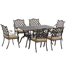 Outsunny 7-PC Cast Aluminum Patio Dining Set w/ Umbrella Hole & Cushion, Bronze | Bronze | Bronze tone, Khaki | Table: 150x90x72.5cm, Chair: 62x65x91cm