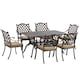 image 1 of Outsunny 7-PC Cast Aluminum Patio Dining Set w/ Umbrella Hole & Cushion, Bronze | Bronze | Bronze tone, Khaki | Table: 150x90x72.5cm, Chair: 62x65x91cm