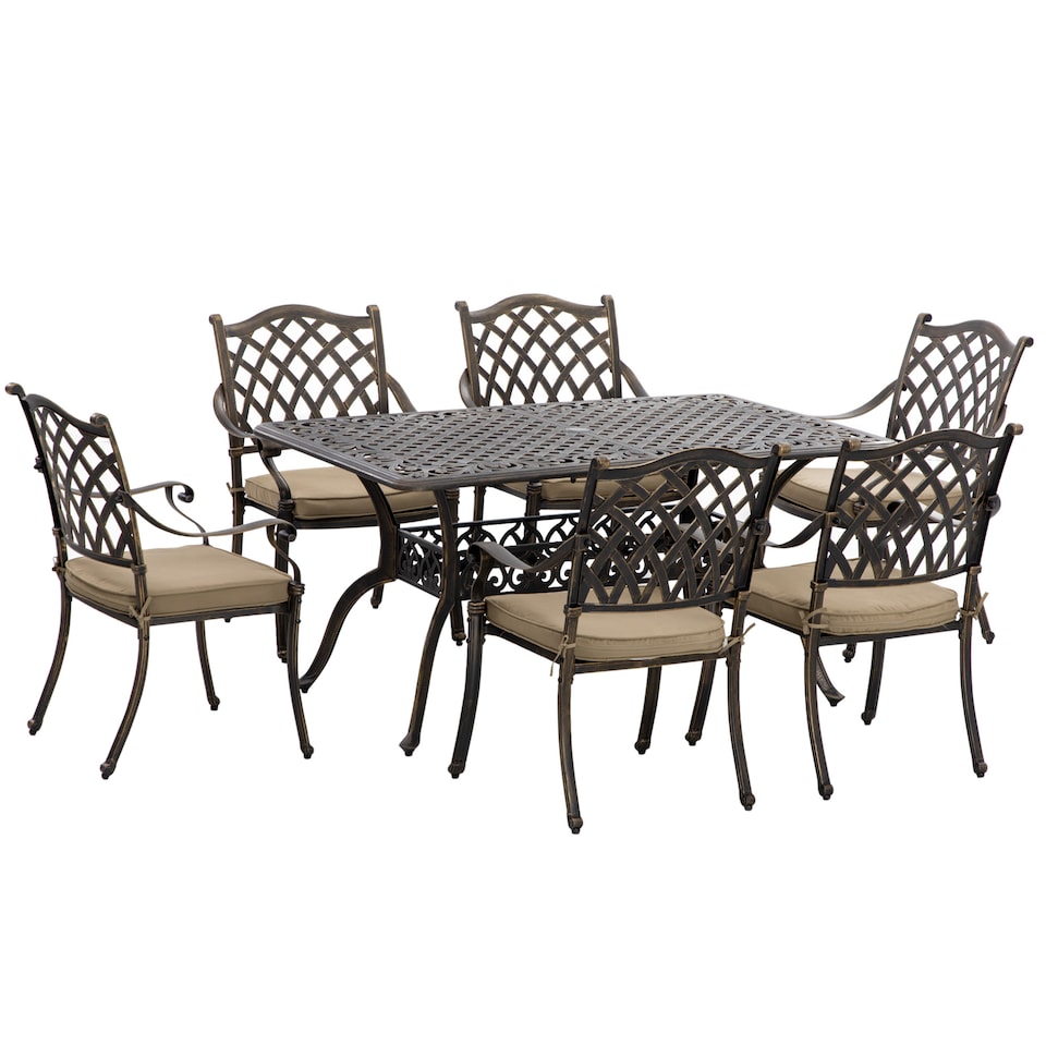 image 1 of Outsunny 7-PC Cast Aluminum Patio Dining Set w/ Umbrella Hole & Cushion, Bronze | Bronze | Bronze tone, Khaki | Table: 150x90x72.5cm, Chair: 62x65x91cm