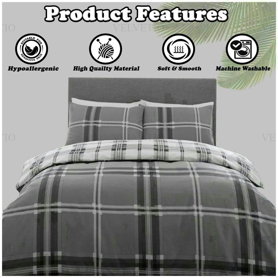image 1 of VELVETIO Bardsley Check Printed Duvet Cover Set Reversible Polycotton Beddings Red | Double