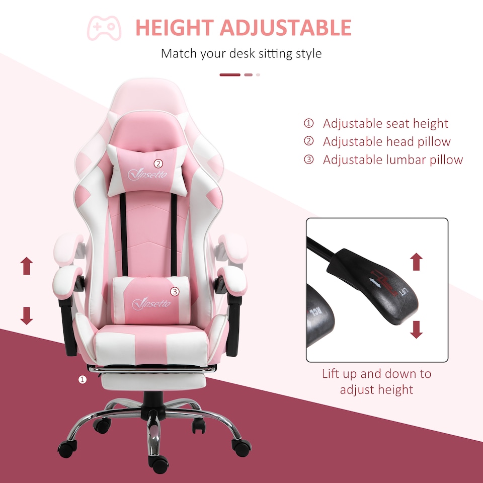 image 1 of Vinsetto Ergonomic Gaming Chair, PU Leather Reclining Computer Chair with Footrest and Lumbar Support, Headrest and Adjustable Height for Adults, Pink