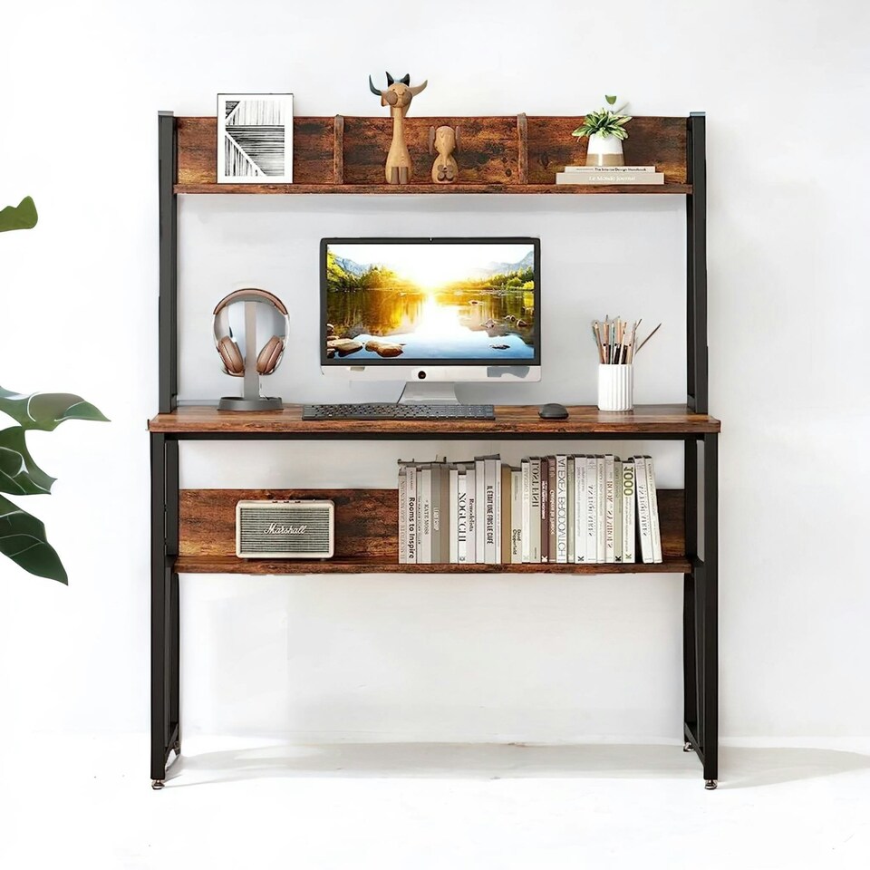 image 1 of 3 Tier Industrial Writing Desk Rustic Brown Brown