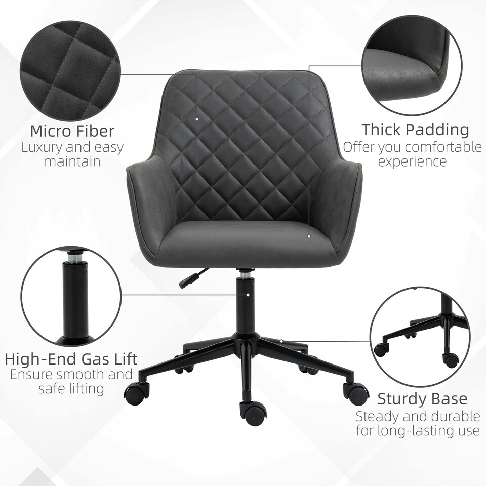 image 1 of Vinsetto Home Office Chair Leather-Feel Fabric Swivel Chair with Armrests Grey