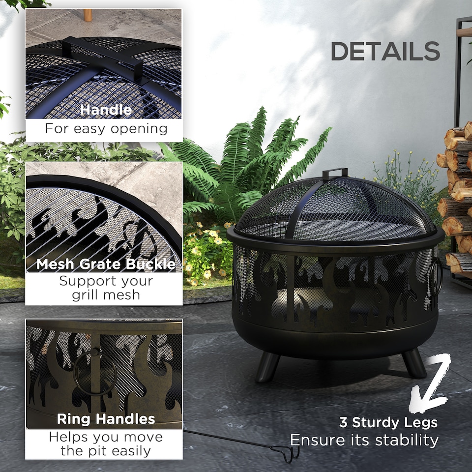image 1 of Outsunny Metal Firepit Bowl Outdoor 2-In-1 Round Fire Pit with Lid, Grill, Poker, Handles for Garden, Camping, BBQ, Bonfire, Wood Burning Stove, 61.5 x 61.5 x 52cm, Black