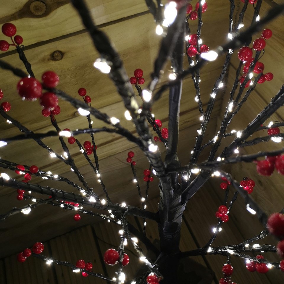 image 1 of 120cm 4ft Christmas Lit Black Twig Tree Red Berry 400 Warm White LED