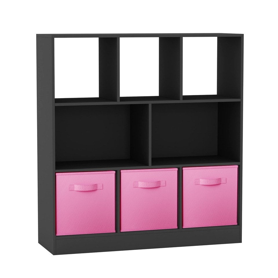 Asymmetrical 8 Black Cube Bookcase Shelf Storage Unit with 3 Fabric Drawer Inserts Multi Black & Light Pink Drawer 1