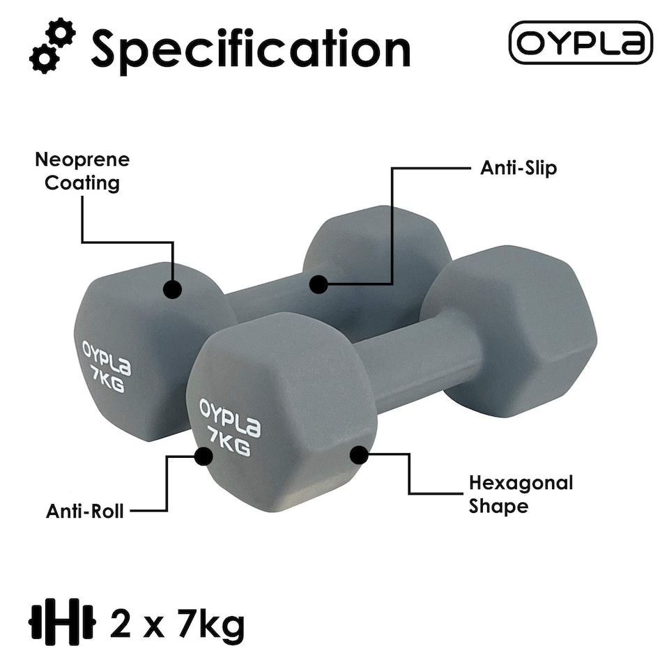 image 1 of Pair of 7kg Hex Anti Roll Neoprene Non Slip Hand Dumbbells Workout Weights
