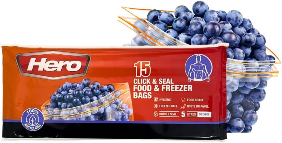 image 1 of Hero Sealable Freezer Bags 1.5L Pack of 15 Large Click Lock Food Storage Bags BPA Free for Fruits, Vegetables and Meal Prep