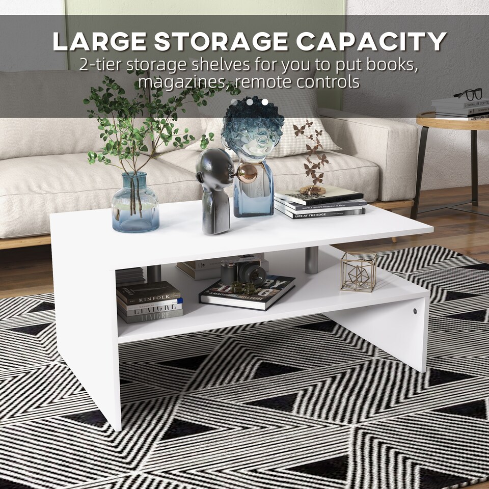 image 1 of HOMCOM Coffee Table with Storage, 2-Tier Centre Table, Modern Living Room Table with Open Shelf and Aluminium Poles, White | White