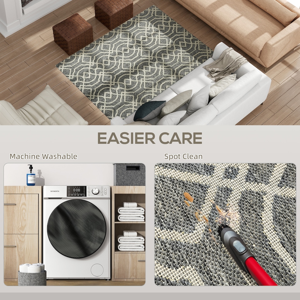 image 1 of HOMCOM UV Resistant Indoor & Outdoor Area Rug, Easy-Cleaning Machine Washable Rug with Geometric Pattern for Patio, Garden, Kitchen, Bathroom or Living Room, 170 120 cm, Grey | Grey | White | 1