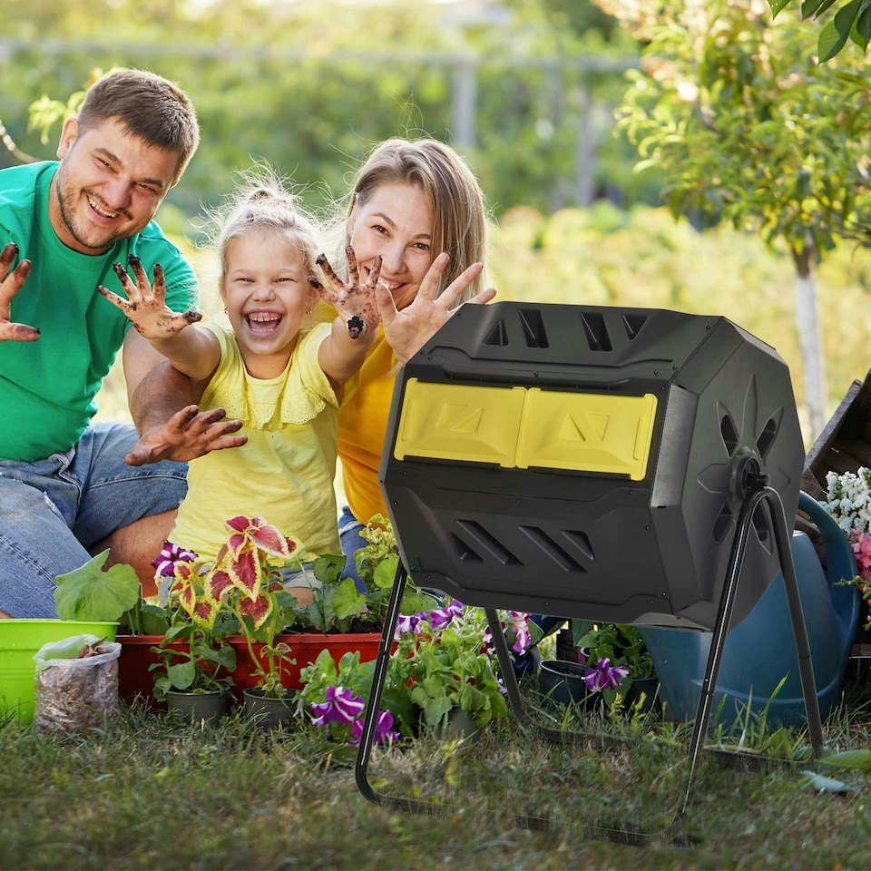 image 1 of Outsunny 160L Outdoor Tumbling Compost Bin with Dual Chamber Yellow | Yellow | One Size