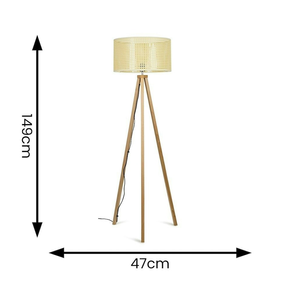 image 1 of ValueLights Light Wood Tripod Design Floor Lamp With Cream Woven Rattan Wicker Effect Shade