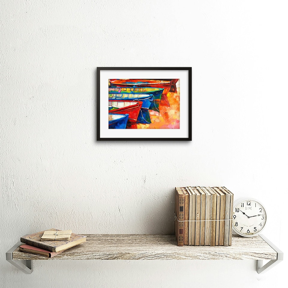 image 1 of Boats Pier Harbour Sunset Sea Colourful Oil Painting 9x7" Black Framed Wall Art Print