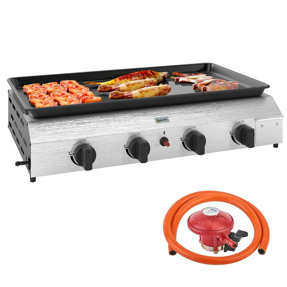 image 1 of Outsunny Gas Grill, Gas BBQ with Non-Stick Griddle for Camping, Silver Tone