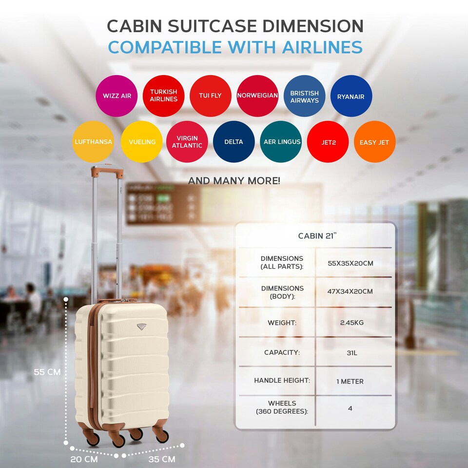 image 1 of Flight Knight Cabin Suitcase 55x35x20cm, Lightweight Carry On Bag - Over 100 Airlines- Ryanair, EasyJet, British Airways - Hand Luggage, ABS Hard Shell TSA Lock | Cream | Cream | Cabin Bag
