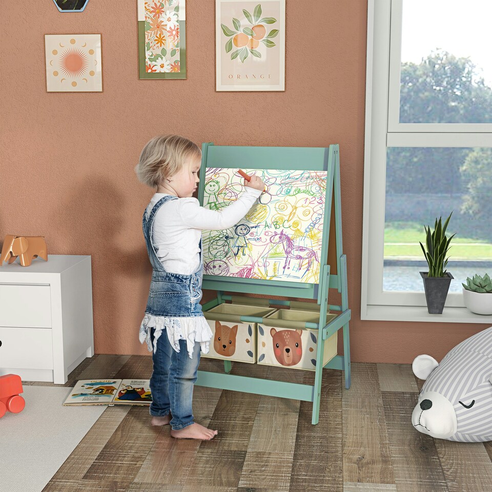 image 1 of AIYAPLAY Kids Easel with Paper Roll, Blackboard, Whiteboard, Storage, Grey
