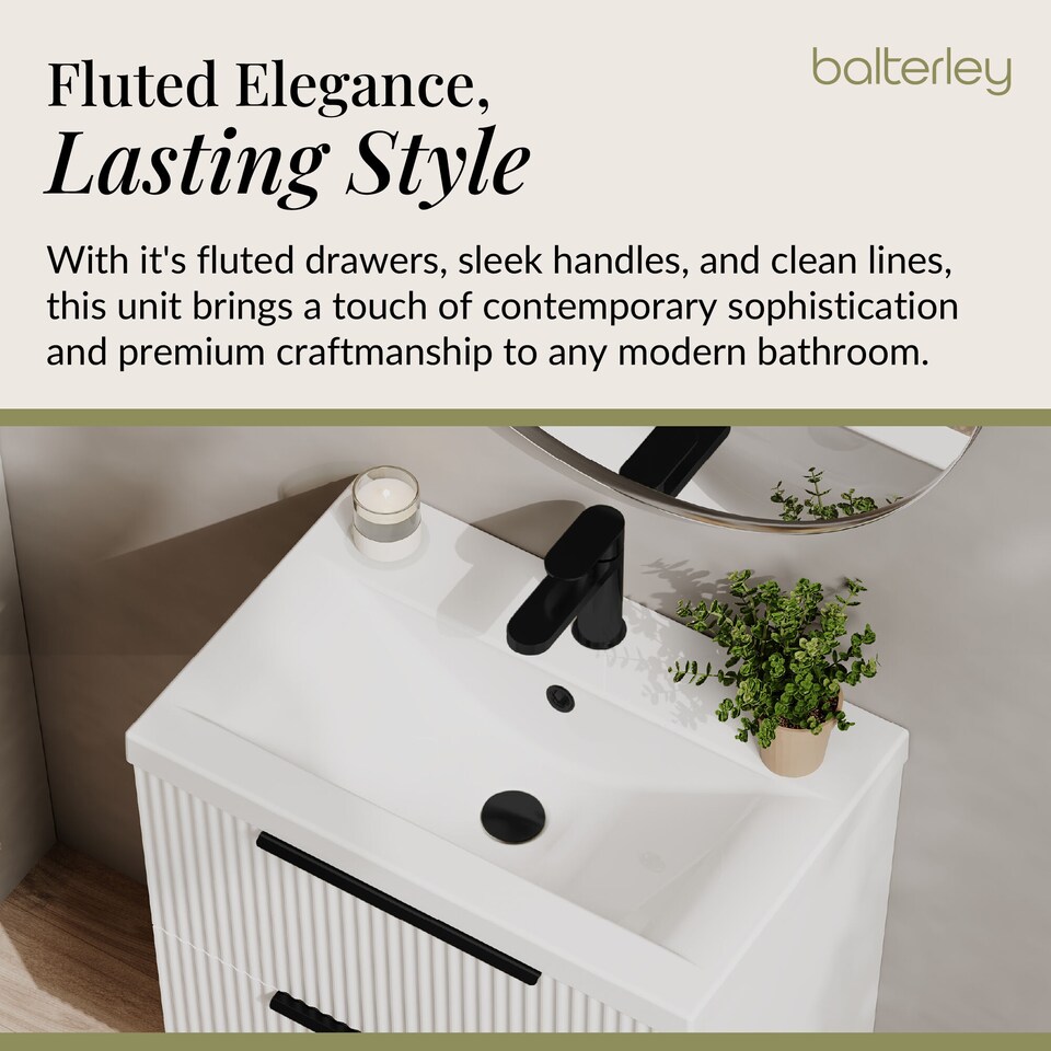 image 1 of Balterley Fluted Front Wall Hung 2-Drawer Bathroom Vanity Unit with 1 Tap Hole Basin, Handles | White | Satin White