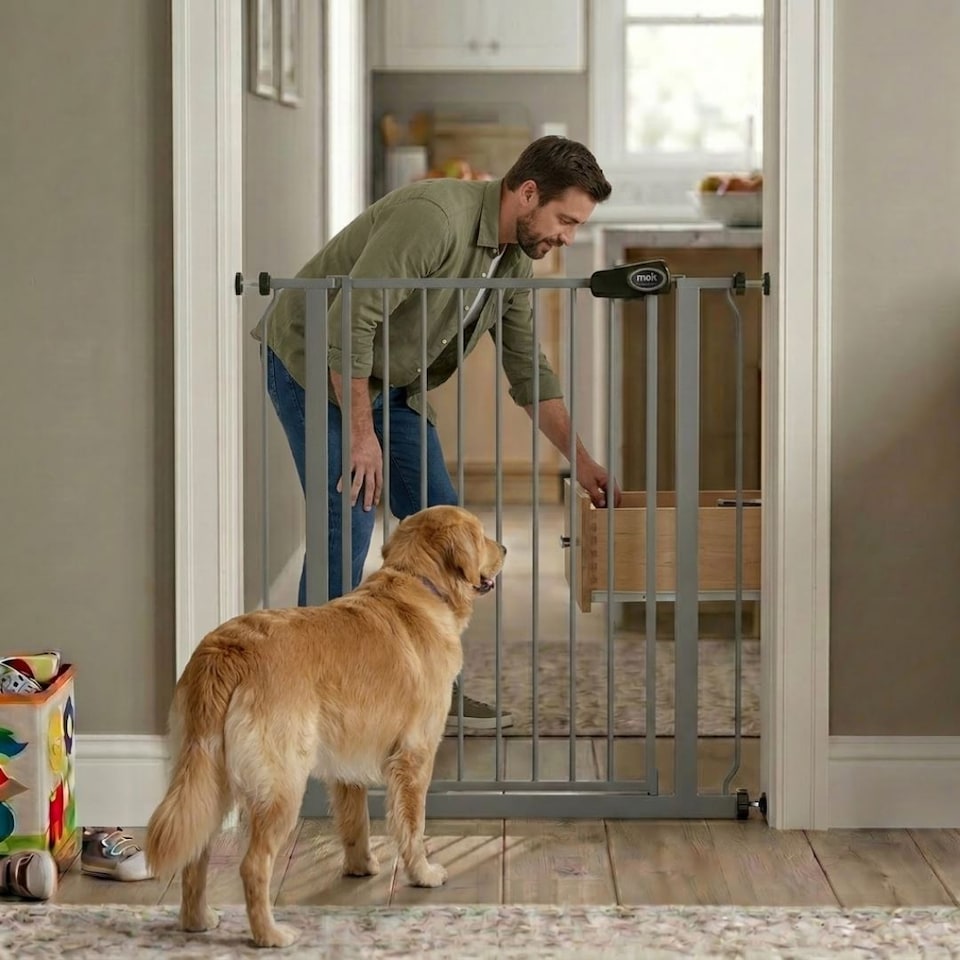 image 1 of Safetots Extra Tall Metal Safety Gate Pressure Fit, 107.4cm - 115cm, Slate Grey, 104cm in Height, Extra Tall Stair Gate, Tall Baby Gate, Easy Installation
