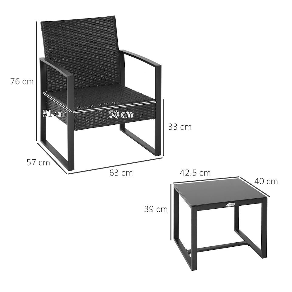 image 1 of Outsunny 3 Pieces Rattan Patio Bistro Set 2 Chairs Coffee Side Table Set, Black