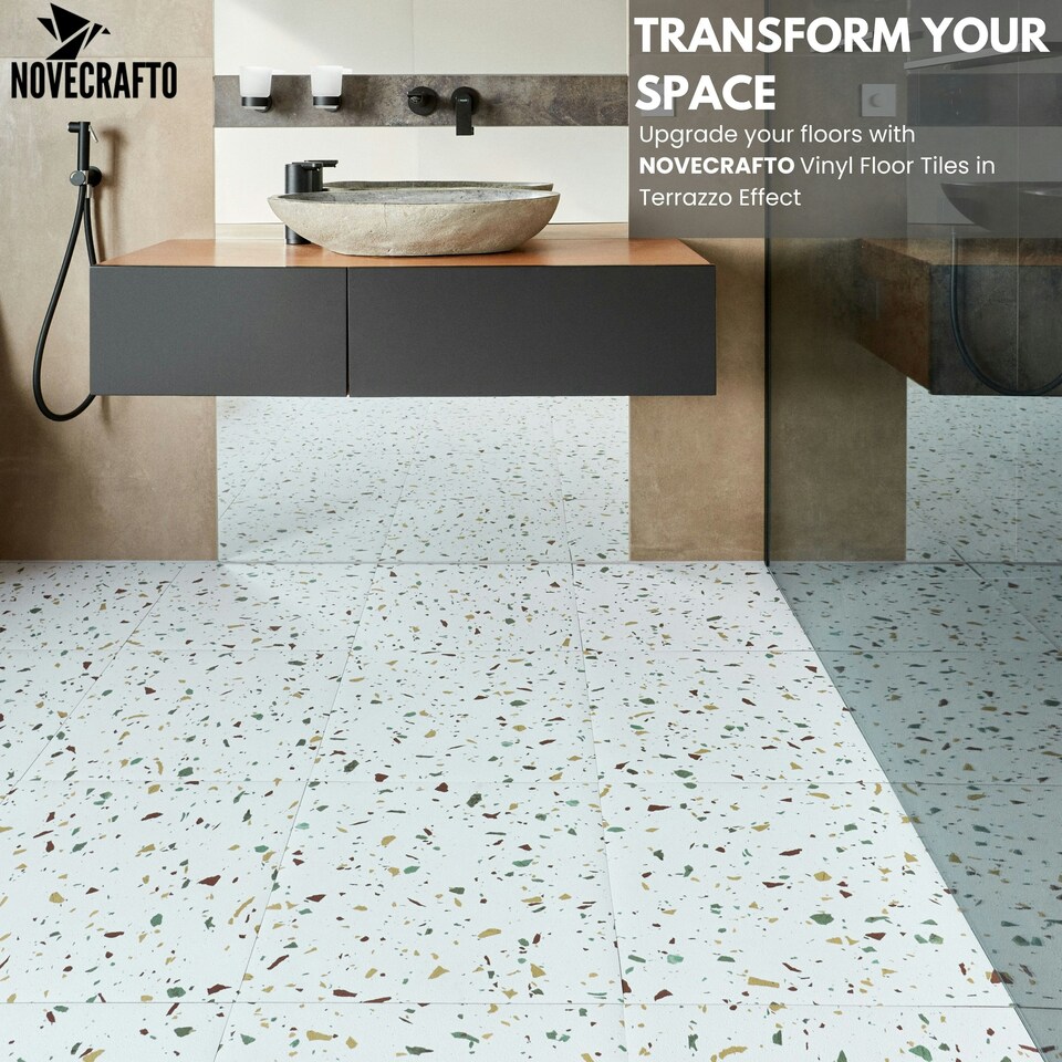 image 1 of NOVECRAFTO Vinyl Floor Tiles Self Adhesive – 18x18in Peel and Stick Large Square Flooring for Kitchen, Bathroom & Living Room – White Grey Terrazzo Effect White | 6.27 sqm