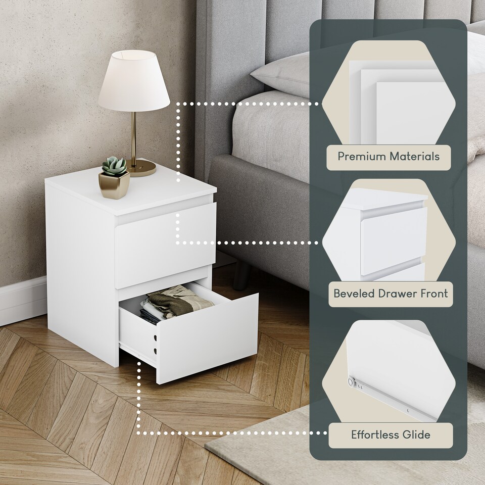 image 1 of Vida Designs Denver 2 Drawer Bedside Chest Cabinet Table Nightstand, White