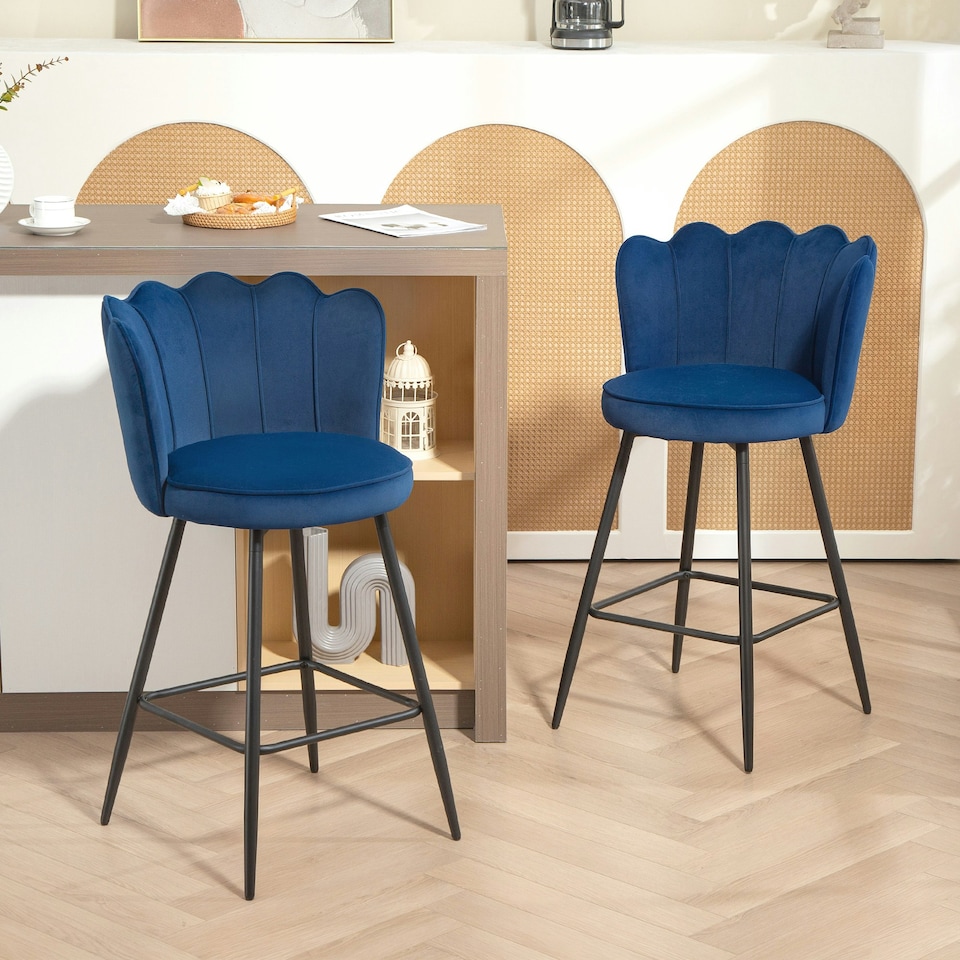 image 1 of HOMCOM Set of 2 Barstools with Petal Backrest for Kitchen Island Dark Blue Blue