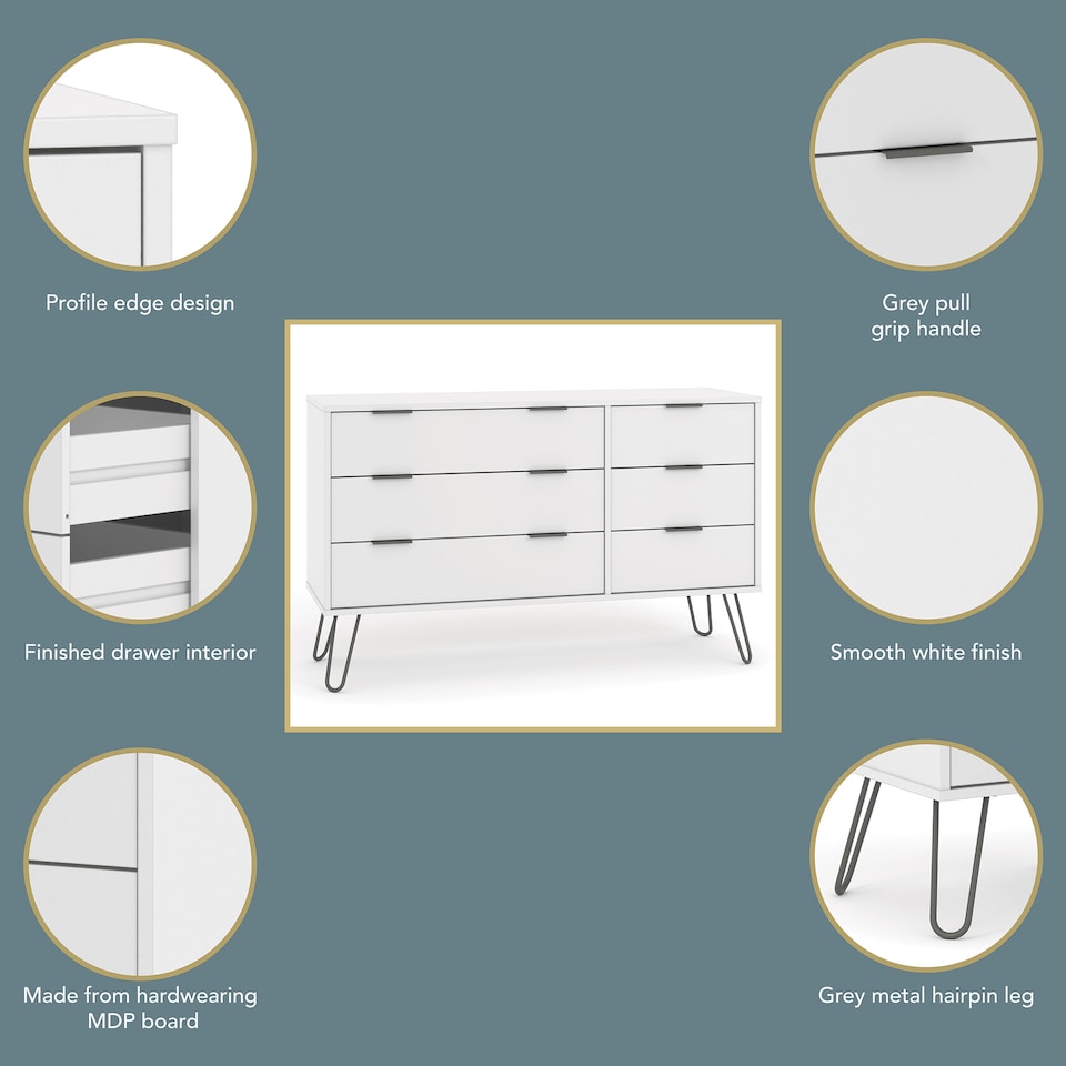 image 1 of Augusta Pine 3+3 Drawer Wide Chest of Drawers - Industrial Style Bedroom Storage Cabinet | White | White | 1
