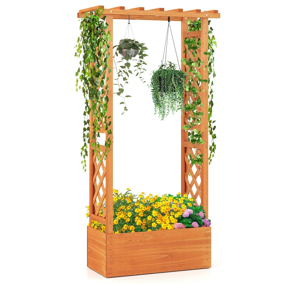 image 1 of COSTWAY Raised Garden Bed Wood Planter Box with Trellis Orange