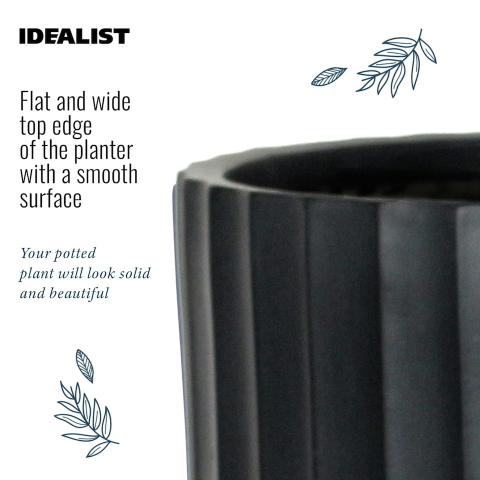 image 1 of Modern Ribbed Black Cylinder Planter on Legs, Round Pot Plant Stand Indoor D24 H32 cm, 7.6 ltrs Cap.