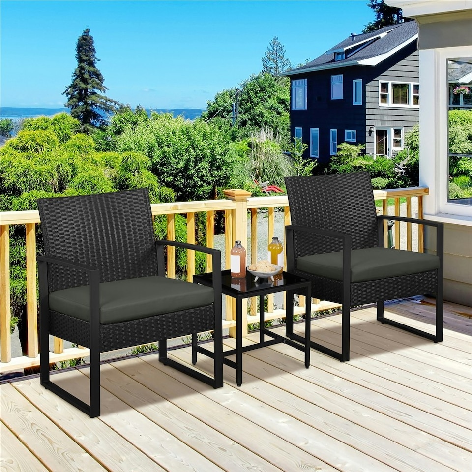image 1 of Yaheetech 3-Piece Patio Set Rattan Chairs & Table Black/Grey