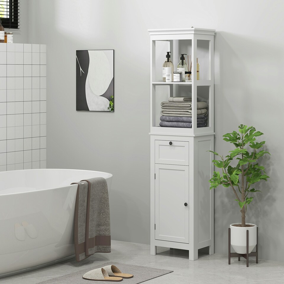image 1 of HOMCOM Slim Bathroom Storage Cabinet with Open Shelves and Drawer, White