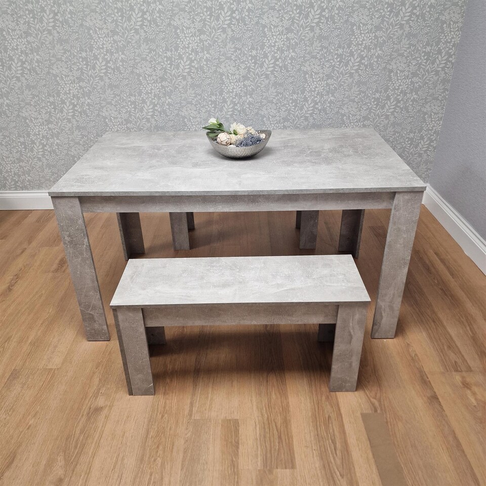image 1 of Stone Grey Effect Wooden Dining Table with 2 Grey Wood Benches Dining Room Furniture Set | Grey | One Size