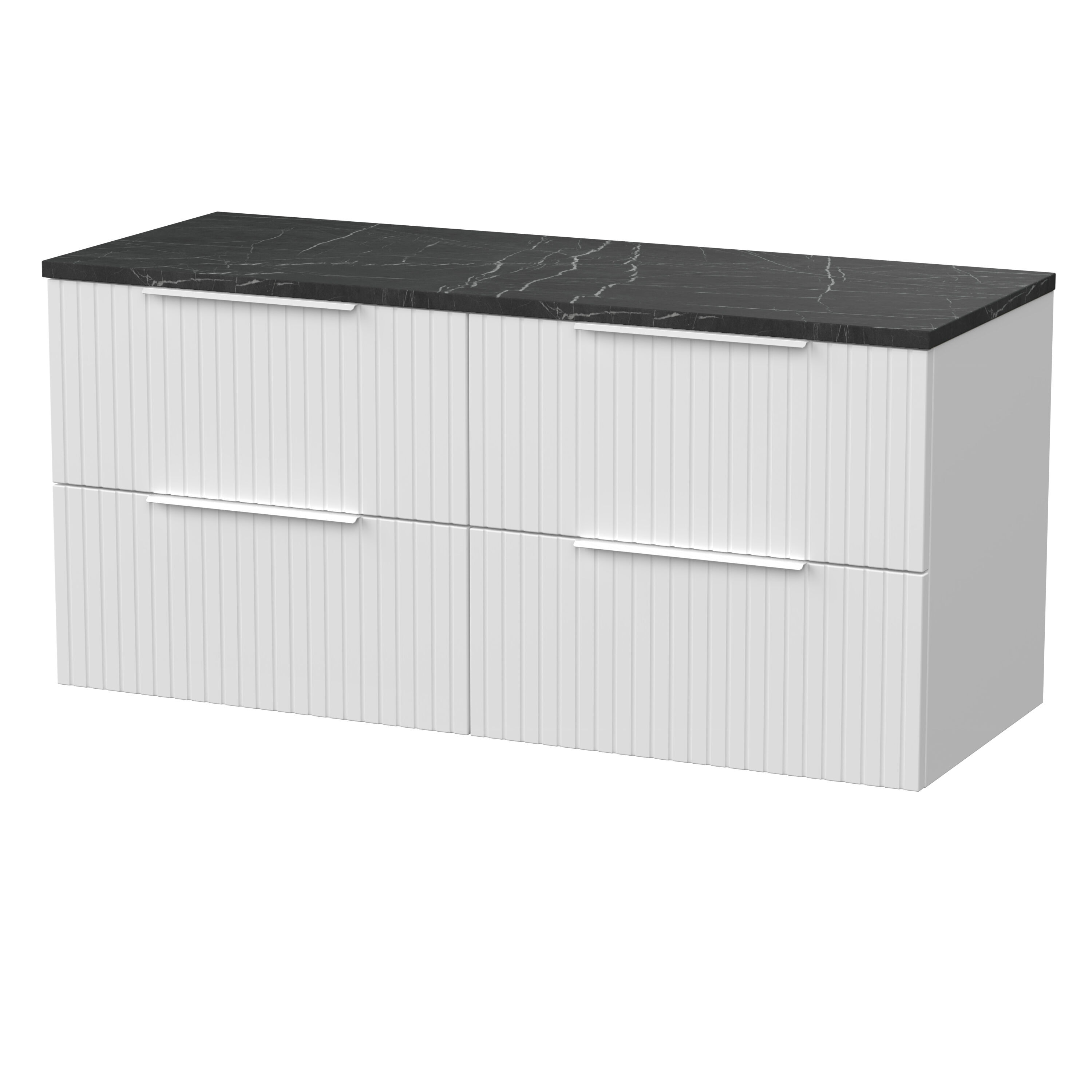 Balterley Callingwood Contemporary Wall Hung 4 Drawer Vanity Unit with Black Pietra Marble Laminate Worktop , 1200mm, Matt White