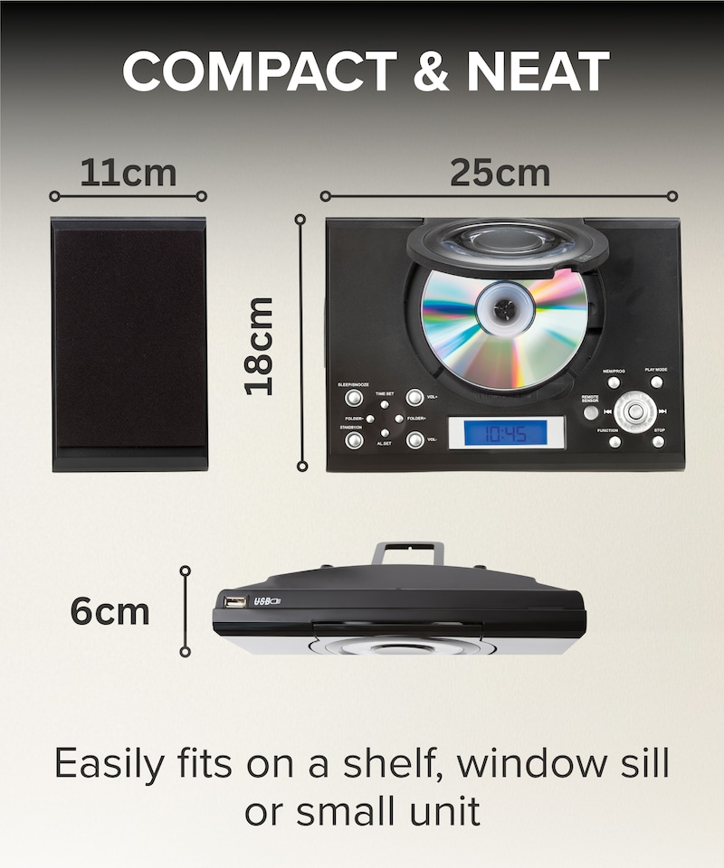 image 1 of CD Player with Speakers - HiFi System for Home with Radio, USB, MP3, Clock Alarm & Remote - Compact Stereo System with Wall Mount Design - Small CD Players for Home - GTMC-101