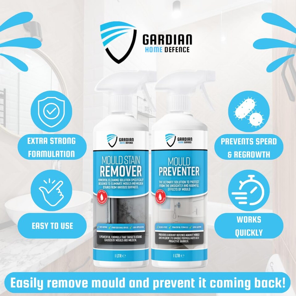 image 1 of Gardian Mould Remover and Preventer Kit - Professional Anti Mould Spray Kit Includes: 1L Moulds and Mildew Remover Spray, 1L Moulds Preventer Sprays, Mould Cleaner Micro Fibre Cloth and Rubber Gloves