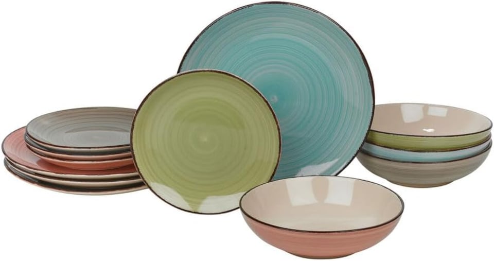 image 1 of Coloured Stone Glazed Ceramic Dinnerware Crockery Plates Bowls Set | Multi | Multicoloured | 2 Sets (24 Pcs) | 24