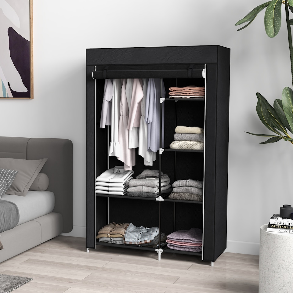 image 1 of HOMCOM Fabric Wardrobe, Portable Wardrobe with 6 Shelves, 1 Hanging Rail, Foldable Closets, 103 x 43 x 162.5 cm, Black