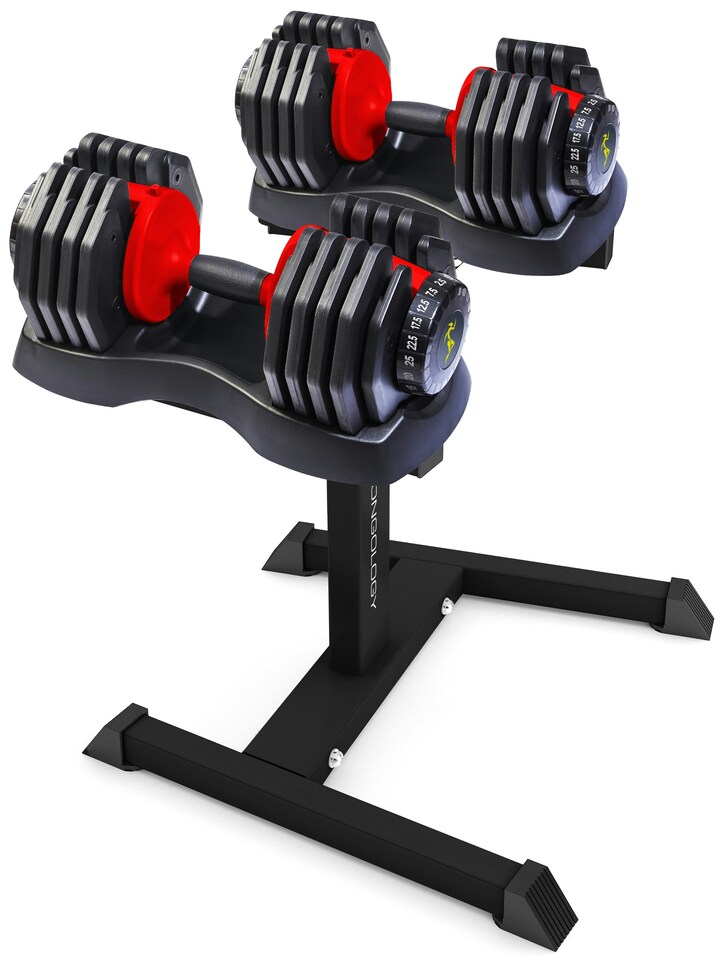 image 1 of Strongology Urban25 Red Adjustable Dumbbell Pair with Free Durable Steel Adjustable Urban25 Dumbbell Floor Stand