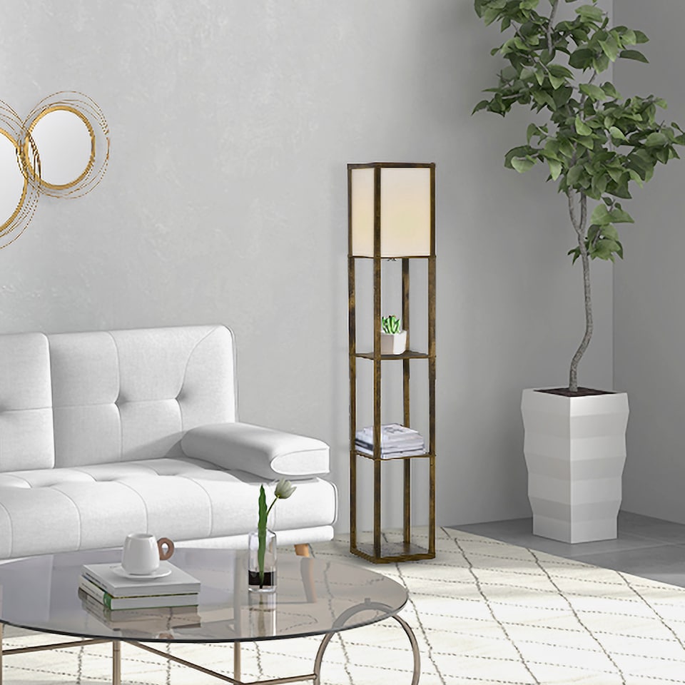 image 1 of HOMCOM 3Tier Floor Lamp, Floor Light with Storage Shelf, Reading Standing Lamp with Acrylic Shade for Living Room, Bedroom, Kitchen, Dining Room, Office, Dorm, 160cm, Brown