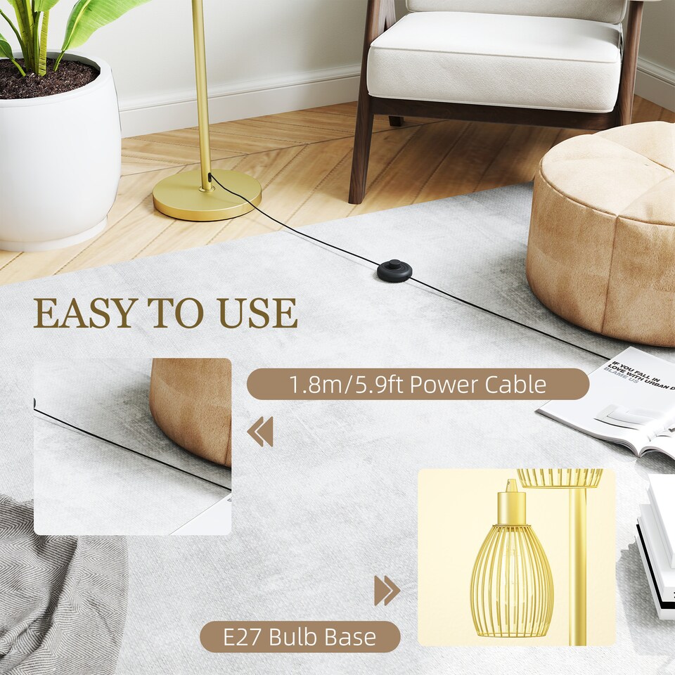 image 1 of HOMCOM 3-Light Floor Lamp, 170cm Industrial Dimmable Standing Lamp with Steel Wire Cage Lampshades for Living Room, Bedroom, Dining Room, Study, Bulb Not Included, Gold Tone | Gold