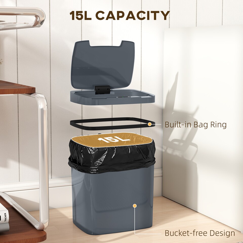 image 1 of HOMCOM 15L Sensor Bin, Automatic Touchless Kitchen Bin, Battery Operated