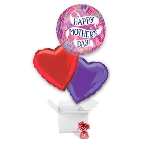 Happy Mother's Day Layered Hearts Pink Orbz Foil Helium Balloon Bouquet - 3 Inflated Balloons In A Box Pink
