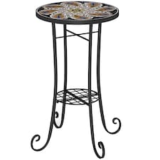 Outsunny 35.5cm Round Mosaic Garden Side Table Plant Stand w/ Shelf Orange | Orange